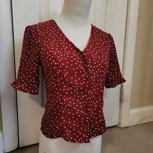 Red dot ruffle sleeve corset back top, SM